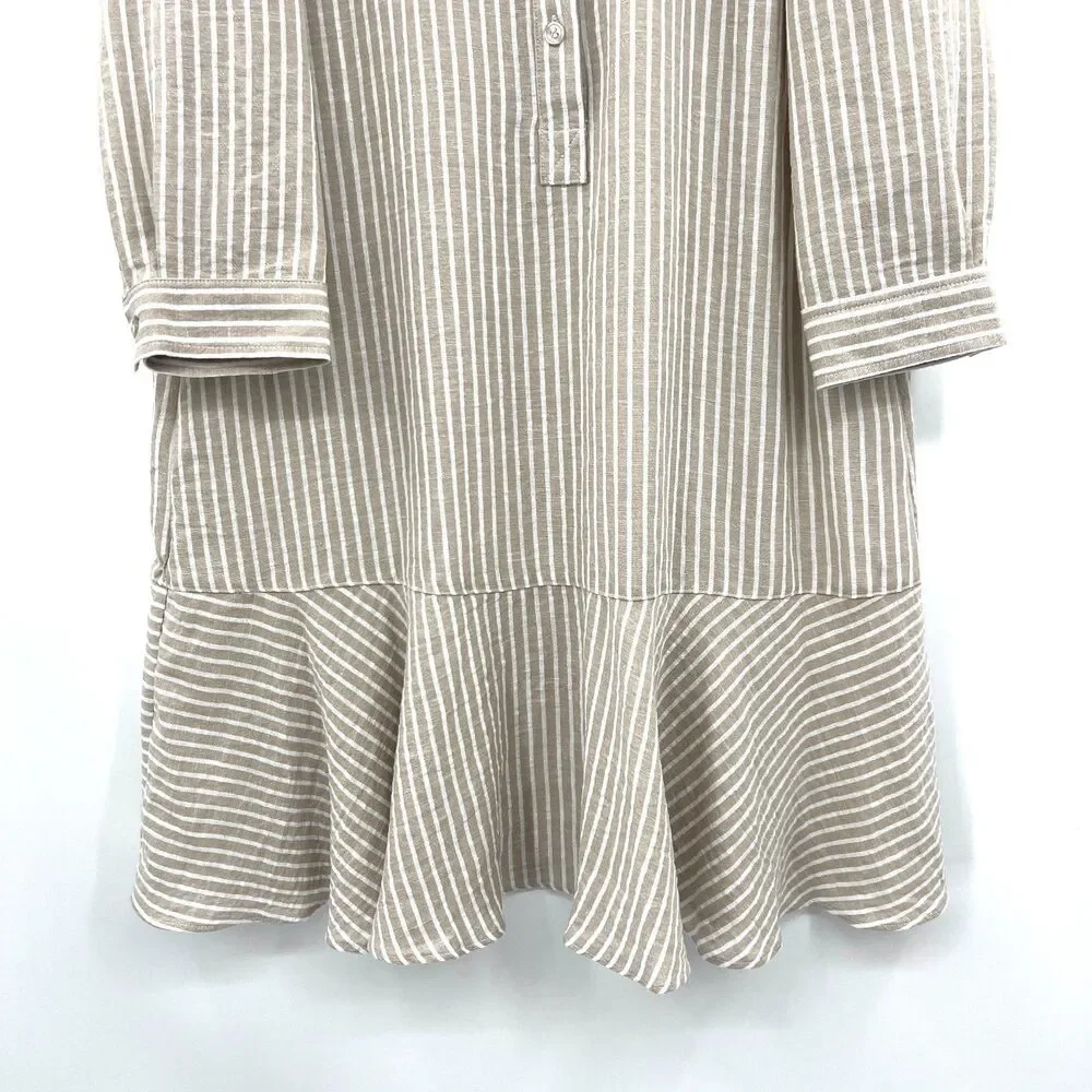 Emma & Michele M Beige Striped Shirt Dress Collared Tiered Ruffle Hem Popover